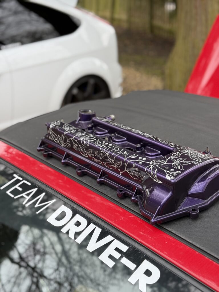 Engraving floral art onto a Toyota MR2 rocker cover, custom design, luxury art, modified cars, builtnotbought JODEX Engravings Jodex Legends Adam