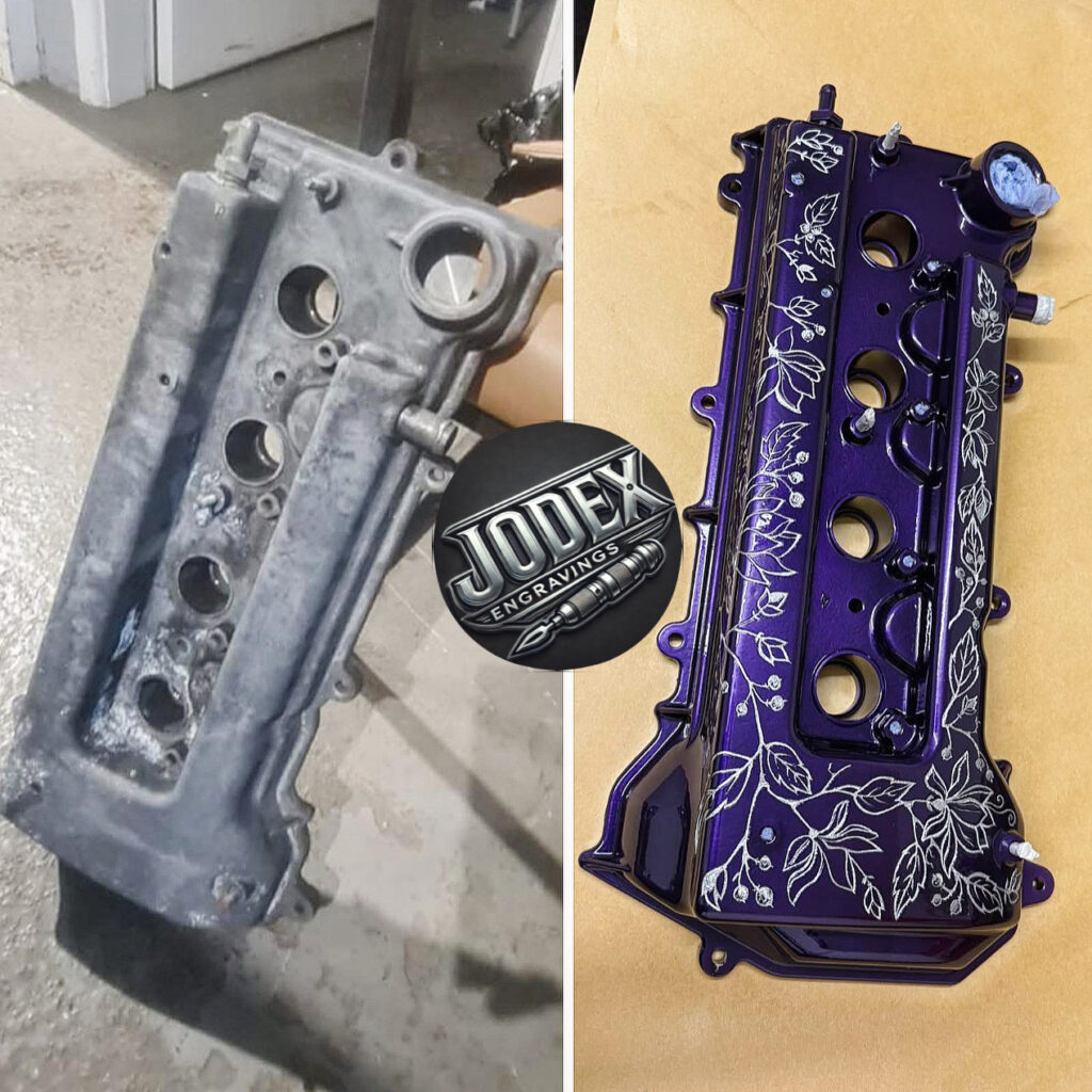 Engraving floral art onto a Toyota MR2 rocker cover, custom design, luxury art, modified cars, builtnotbought JODEX Engravings Jodex Legends Adam