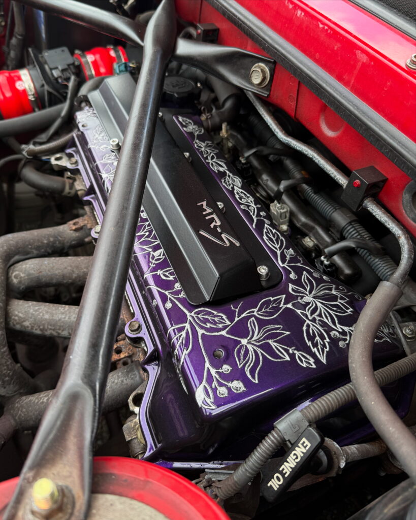 MR2 1zz rocker cover custom engraved floral art purple jdm