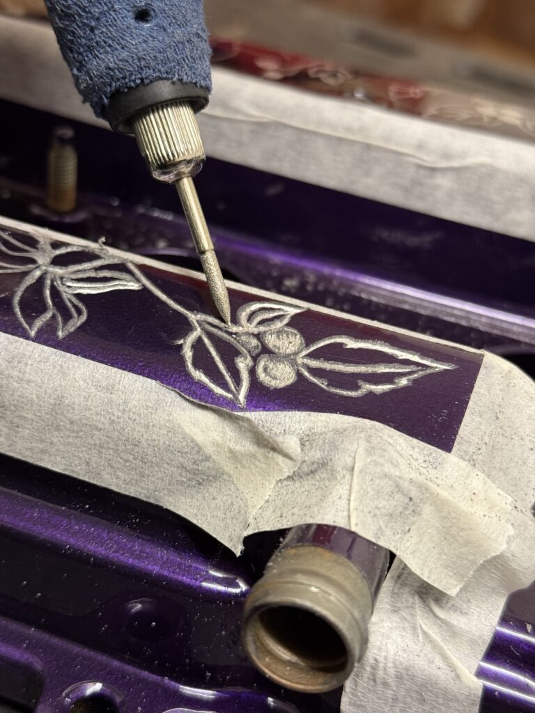 Engraving floral art onto a Toyota MR2 rocker cover, custom design, luxury art, modified cars, builtnotbought JODEX Engravings Jodex Legends Adam
