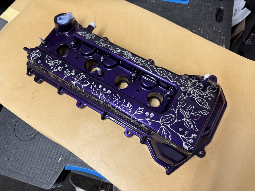 Engraving floral art onto a Toyota MR2 rocker cover, custom design, luxury art, modified cars, builtnotbought JODEX Engravings Jodex Legends Adam