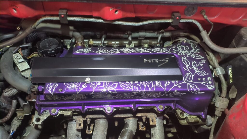 Engraving floral art onto a Toyota MR2 rocker cover, custom design, luxury art, modified cars, builtnotbought JODEX Engravings Jodex Legends Adam