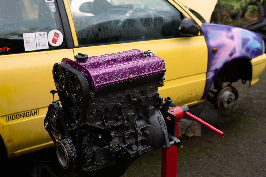 summercoatfox JODEX Legends Skye G13B Suzuki Swift Alto Engine Swap with engraved jdm cherryblossom and fox art twin cam