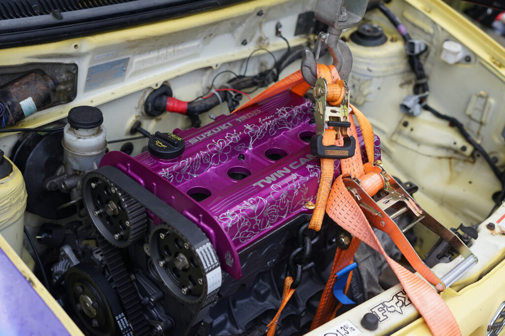 summercoatfox JODEX Legends Skye G13B Suzuki Swift Alto Engine Swap with engraved jdm cherryblossom and fox art twin cam